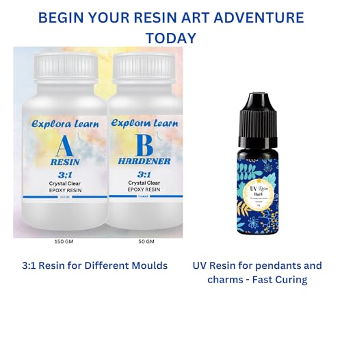 Image of exploralearn UV Epoxy Combo Resin Art Kit- Epoxy Resin (200gm 3:1) + UV Resin (10gm) with Lamp, Moulds, Glitters, Flakes & Jewellery Making Tools | DIY Craft Kit for Earrings, Pendants & Coasters