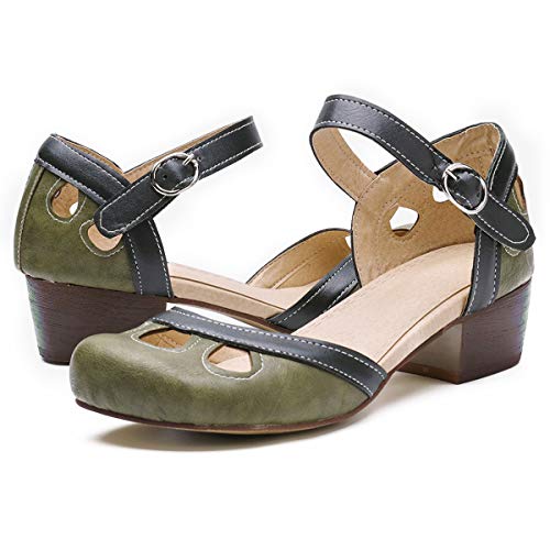 NUHEEL Women Leather Pumps Shoes Block Heel Mary Jane Pumps Vintage Round Toe with Ankle Strap Office Work Pumps Shoe Cute Low Kitten Heels Anti Slip Ballet Shoes Wedding Colorful Dress Sandals2
