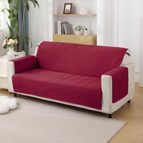Image of HOKIPO Polyester 3 Seater Quilted Sofa Cover with Pockets, Maroon (NEW-IN-803-MRN)