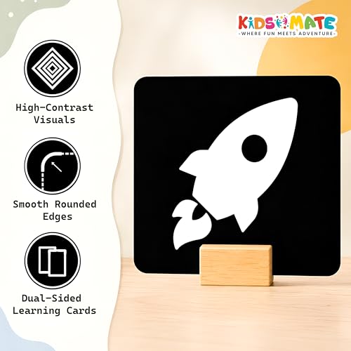 Image of Kidsmate Large Flash Cards for Babies 0-12 Months | High Contrast Black & White 60 Double-Sided Cards for Newborn Learning, Visual Stimulation, Brain Development & Tummy Time (Holder Included)