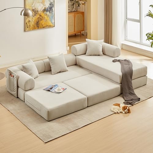 Image of 107 inch Modular Sectional Sofa Bed, L-Shape Corduroy Boneless Couch, Beige