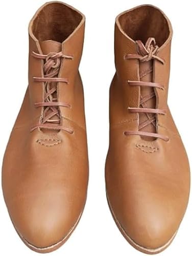 Handcrafted Leather Ankle Boots, Tan Brown, Lace-Up Design, Traditional Viking