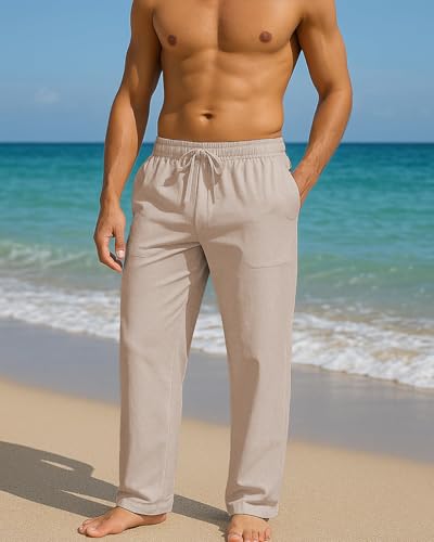 Image of PIDOGYM Mens Cotton Linen Pants, Summer Beach Pants Casual Loose Fit with Elastic Waist Drawstring