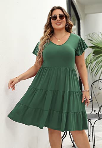 Image of Celkuser Womens Plus Size Summer Casual Midi Dress Short Ruffle Sleeve Tiered Empire Waist T-Shirt Dress with Pockets