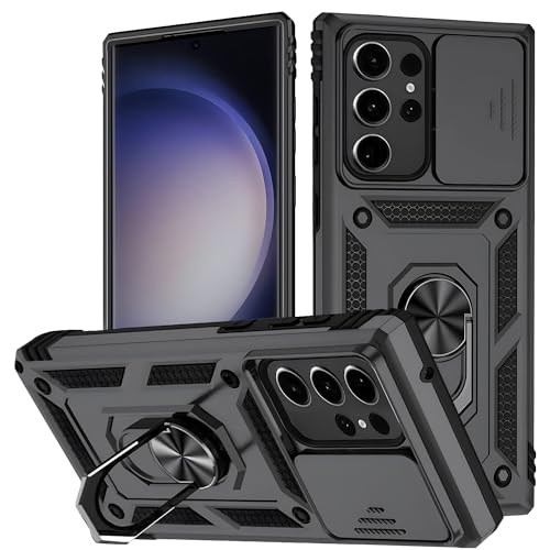 Samsung Galaxy S23 Ultra Case - Shockproof Cases for S23 5G - Anti-Fall Drop Protection - Built-in Slide Anti-Scratch Camera Lens Cover - Integrated 360 Degree Rotating Ring Kickstand 6.8 Inch Black