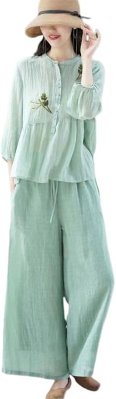 Women Embroidered Cotton Linen Two Piece Set Wide Leg Pants Casual Outfit
