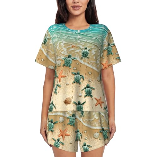 Pyjama 2 pièces court imprimé tortue pour femme vêtement de nuit ample