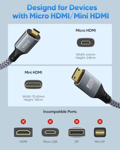 Image of 4K Micro HDMI to Mini HDMI Cable 15FT for Raspberry Pi 5 /4 Camera to Portable Monitor, High Speed Mini HDMI Type C Male to Micro HDMI Type D Male Cable Braided Cord 4K@60Hz, 2K, 1080P, 3D