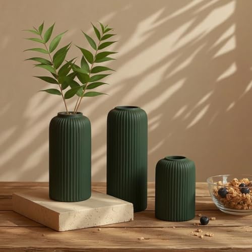Image of KREATIVE ART'S Bottle Green Flower Vase for Living Room | Ceramic Vase for Home Decor | Home Decoration Items for Living Room & Hall (Dark Green Ceramic Vase Set of 3-Matt)