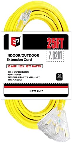 EP 25 Ft Lighted Outdoor Extension Cord with 3 Electrical Power Outlets - 12/3 SJTW Heavy Duty Yellow Extension Cable with 3 Prong Grounded Plug for Safety, UL Listed