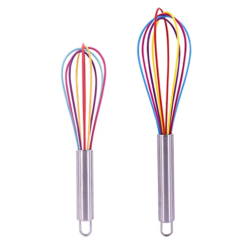 2 Pcs Silicone Whisk Set Mini Rainbow Non Stick Hand Whisk Kitchen Balloon Whisk Manual Egg Beater Silicone Small Plastic Egg Stirrer for Mixing Cooking Baking Hot Chocolate