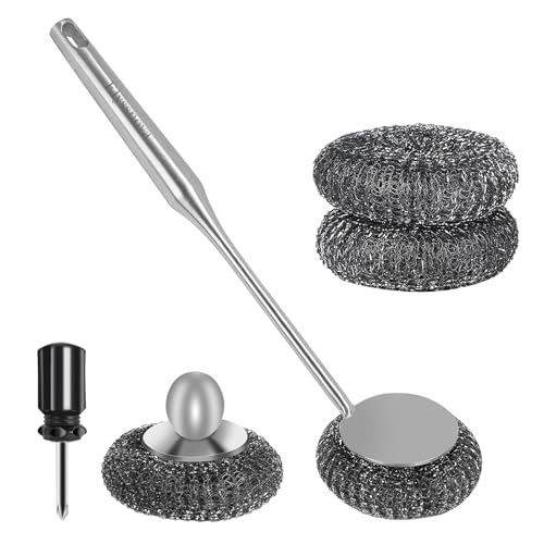 Stainless Steel Wool Scrubber Set, One Scrubber with Handle and One Long-Handled Brush, for Cleaning Tableware and Cooking Tools.