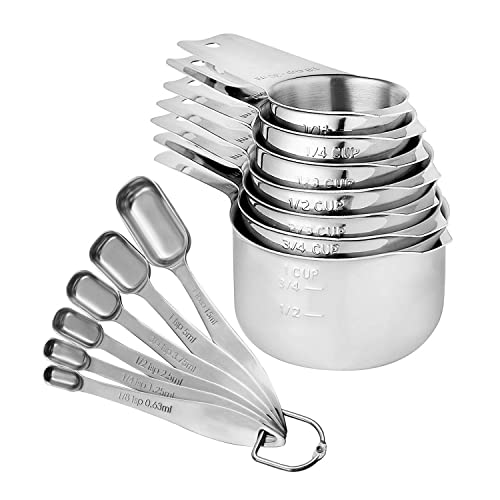 Ausemo Combo de 13 Tazas y Cucharas Medidoras de Acero Inoxidable 304(18/8) Utensilios de Cocina Apilables para Hornear Cucharilla Cuadrada Resistente para Secado en Húmedo