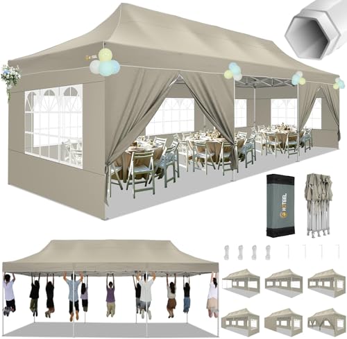 Image of HOTEEL Tents for Parties 10x30 Pop Up Canopy Tent Heavy Duty with 8 Sidewalls, Commercial Party Tent Event Wedding Instant Canopy Waterproof with Carry Bag, UV 50+, Thicked Hexagonal Legs, Khaki