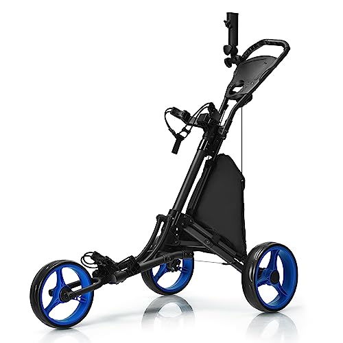 Miniatura 9 de Costway Carro De Golf De Empuje Con 3 Ruedas, Carrito De Golf Plegable Con Bolsa Recubierta En Aluminio, Tira Elástica, Paraguas Regulable Y Portavaso, Marcador Y Freno De Pedal Azul