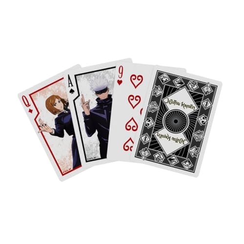 Image of Bicycle Jujutsu Kaisen Playing Cards Standard 52 Deck Poker Size Anime | Yuji Gojo Megumi and Nobara on court cards, Custom pips styled after Sukuna tattoos, Tokyo Jujutsu High logo back