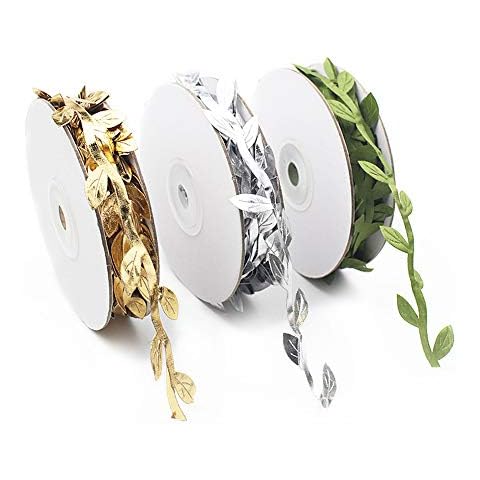 FUJIE 3 Pack Artificial Vines Fake Hanging Plants Artificial Olive Leaf Ribbon Silk Ivy Garlands Green Leaves Ribbon for Home Wedding Christmas Decoration - Gold/Silver/Green Cover