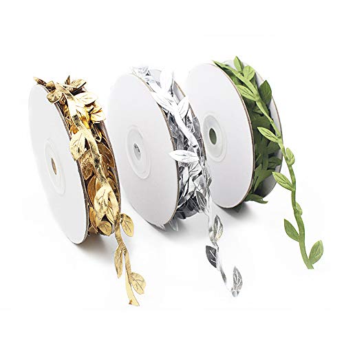 FUJIE 3 Pack Kunstmatige Wijnstokken Nep Hangplanten Kunstmatige Olijfblad Lint Zijde Klimop Slingers Groene Bladeren Lint voor Thuis Bruiloft Kerstdecoratie - Goud/Zilver/Groen