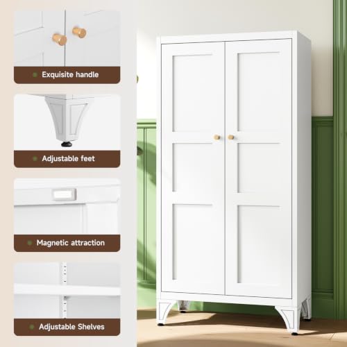 Image of Letaya Metal Storage Cabinet with Doors and Shelves,47.3 inch H Bathroom Floor Kitchen Pantry Utility Cupboard Dining Home Office /Garage Organizers,White