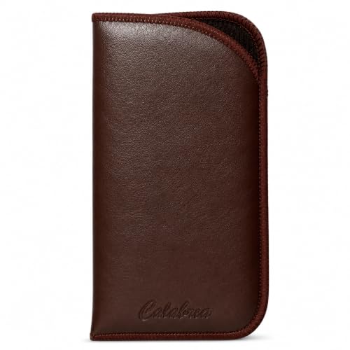 Image of Calabria Slim Eyeglass Case with Felt Lining -Brown W /Clip PU Leather | Soft Slip-In Glasses Sleeve | Pocket Clip Option | Protective Slim Eye Glasses Case Soft Pouch