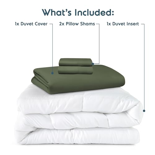 Nestl Full Duvet Cover Set with Comforter Insert - Olive Green 4 Piece 80x90 Duvet Cover & 2 Pillow Shams with White Quilted Down Alternative Comforter, Ultra Soft, All Season