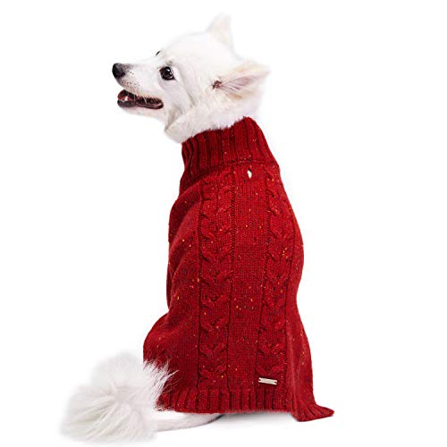 Blueberry Pet NEP Yarn Wool Blend Cable Knit Pullover Turtleneck Dog Sweater in Brick Red, Back Length 18