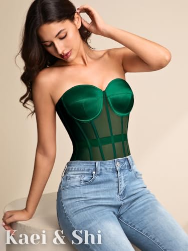 Image of Kaei&Shi Sheer Mesh Overbust Corset,Sexy Strapless Lace Up Satin Bra Corsets Top For Women Shapewear