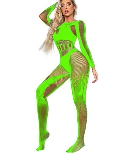 Aucute Einteilig Damen Fischnetz Bodystocking Durchsichtiger Ganzkörper Mesh Bodysuit Sexy Tänzerin Rave Outfits, Grün