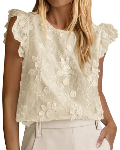 KIRUNDO Blouses for Women Dressy Casual Lace Ruffle Cap Sleeve