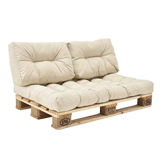 [en.casa]®] Set de 3 Cojines para sofá-palé - cojín de Asiento + Cojines de Respaldo Acolchados [Beige] para europalé In/Outdoor
