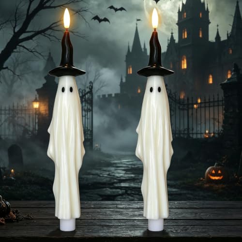 Image of Halloween Witch Flameless Taper Candles Battery Operated with 6H Timer, Set of 2 Real Wax 3D Wick Fickering Ghost LED Candlesticks Spooky Halloween Indoor Decor(0.79 inchD x 11.4 inchH)