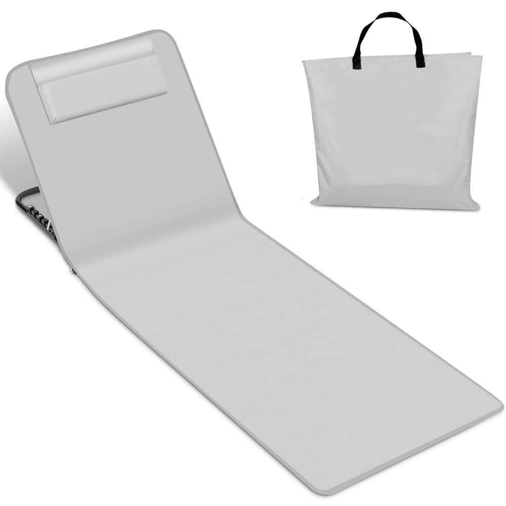 Yakimz Tumbona de playa portátil con altura ajustable de 5 niveles, plegable silla de playa con respaldo ajustable y plegable para ahorrar espacio, para playa, camping, gris claro