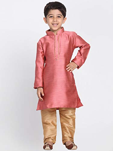 Image of JBN Creation Boys' Full Sleeve Silk Blend Kurta Pyjama Set with Mandarin Collar, Featuring Ethnic Motifs, Self-Design, and Embellishments - Perfect for Festivals and Special Occasions