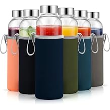 Vesici 12 Set 18 oz Clear Glass Water Bottle, Reusable Glass Juicing Bottles with Protection Sleeve and Stainless Steel Leak Proof Lids for Milk Smoothie Juice Beverage TeaColorful,Low Profile