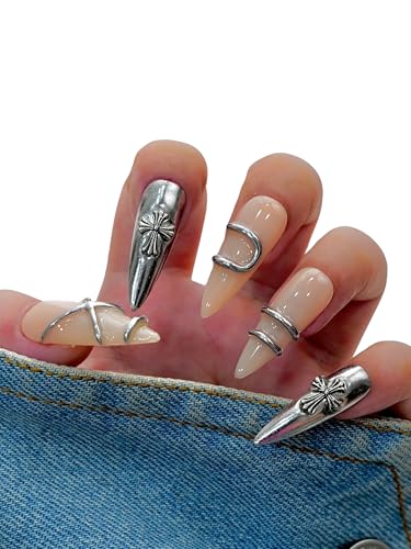 Euphrosyne Silver Chrome Stiletto Press On Nails – 10pcs Long