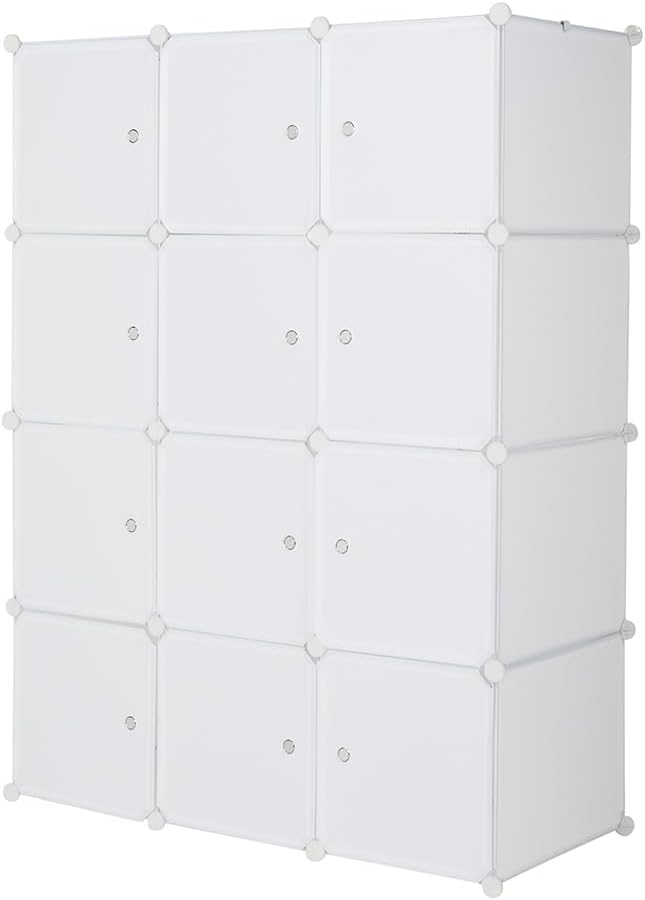 12 Cube Storage Organizer, Stackable Storage Shelves with Hanging Rod Customizable Closet Cabinet Durable Steel Frame Multi-Use DIY Design 13.8 inch Panels Max 10lb Capacity per Cube White