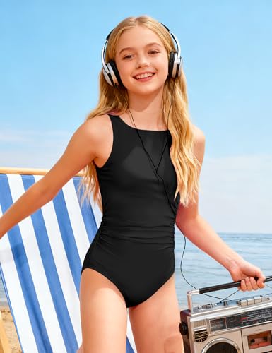 Image of CRISONE Girls Swimsuit High Neck Girls Bathing Suit Cross Back Ruched Gradien One Piece Girl Swimwear 9-16Y