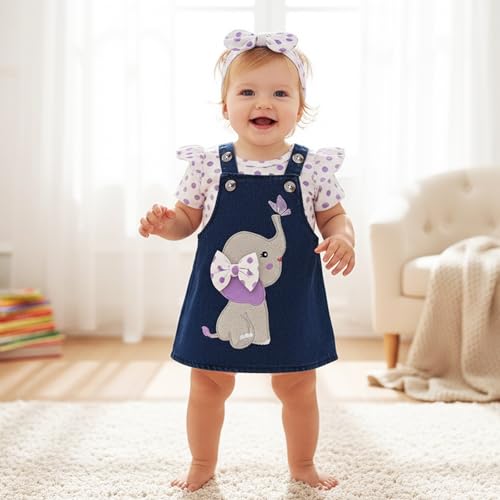 Image of Baby Girl Clothes Newborn Ruffle Romper Elephant Jeans Skirt 0-18M | Soft Romper, Adjustable Jean Skirt with Headband Elephant Butterfly Design, Snap Closure, Everyday Wear