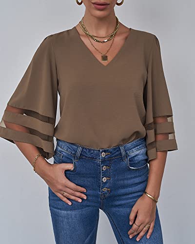 Lookbookstore Women Vneck Mesh Panel Brown Work T Shirts For Women V Neck Casual 3/4 Flared Bell Sleeve Blouse Loose Business Office Blouse And Tops Size Medium #TOP2