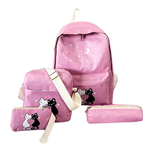 Mujers Niñas Mochila de Cuatro Piezas para Gato Impresa para Estudiantes de Viaje Escolar