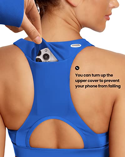 Image of QUEENIEKE BareFlow Women's Sports Bras with Phone Pocket Medium Impact Padded Racerback Workout Gym Crop Top Running Yoga Bra