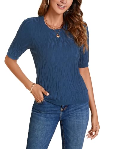 Image of MINTLIMIT Womens Short Sleeve Sweater Summer Pullover Shirt Tops Texture V Neck Casual Knit Tees Tops