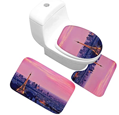 3 Teilig Badematte Set Rosa Eiffelturm 3D Badematten Set rutschfest, Badezimmerteppich,U-förmiger WC-Vorleger,WC…