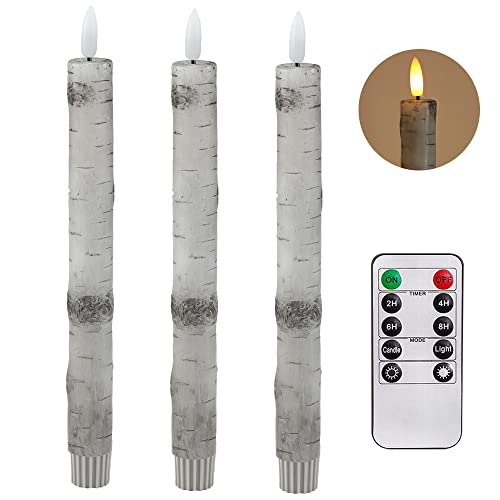 Fo32Won Led Flameless Taper Candles Battery Operated With Remote And Timer, Pack Of 3 Birch Bark Real Wax Window Candlesticks With 3D Flame Wick, 9.5 Inches Flickering Christmas Candlesticks #TOP17