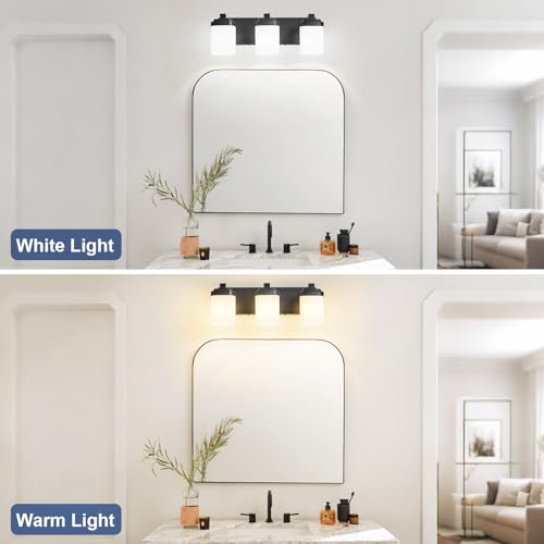 Image of 17 Inches Bathroom Vanity Light, 3-Light Black Bathroom Light Fixtures Over Mirror, Bathroom Light Shower Lamp with Milky White Square Glass Shade, Modern Farmhouse Lighting Fixtures