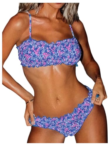 MakeMeChic Women's Two Piece Bikini Set Floral Frill Trim Spaghetti Strap Bathing Suit Beachwear