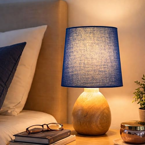 Image of Wooden Bedside Table Lamp with Fabric Shade, Warm Ambient Light, Handmade Mango Wood Base, Rustic Farmhouse Design, Cute Dowel, 15 x 15 x 25 cm (Blue)