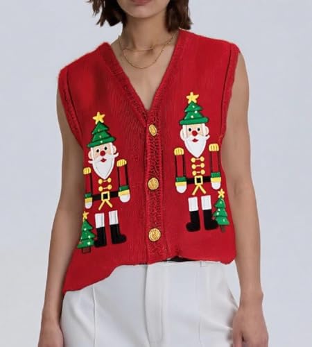 Image of Women Christmas Knit Vest Top Santa Embroidery Sleeveless Button Down Sweater Vest Xmas Snowman Cardigans Tank Top
