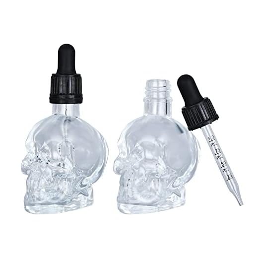 PrinMobel Skull Glass Dropper Bottle - Set of 2 - 2 oz Small Empty Eye Dropper Bottle - For Aromatherapy Refillable Essential Oil, Beauty Oil Mix, Beard Oil, Flavor Oil Dispenser (Halloween)