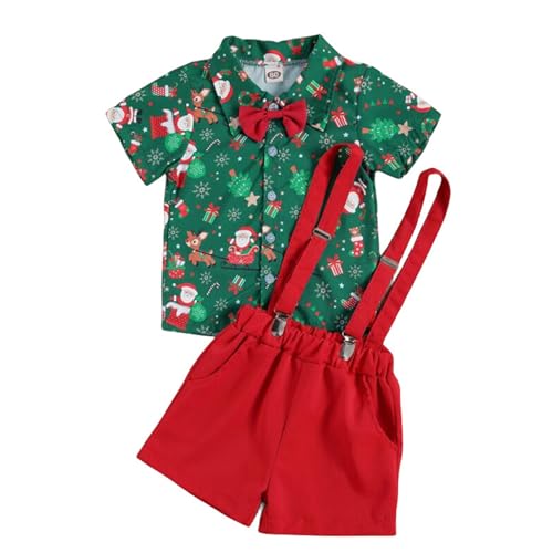 Toddler Baby Boy Christmas Outfits Gentleman Suit Set Button Down Shirts and Suspender Pants Shorts Holiday Clothes (Santa Suspenders Shorts Green, 120/4-5T)